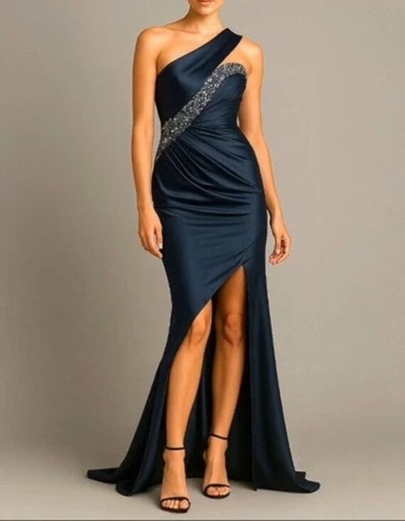 Mandalay Dresses & Skirts - NWT Mandalay Navy Blue One Shoulder Beaded Sequin Evening Gown Dress Size 14